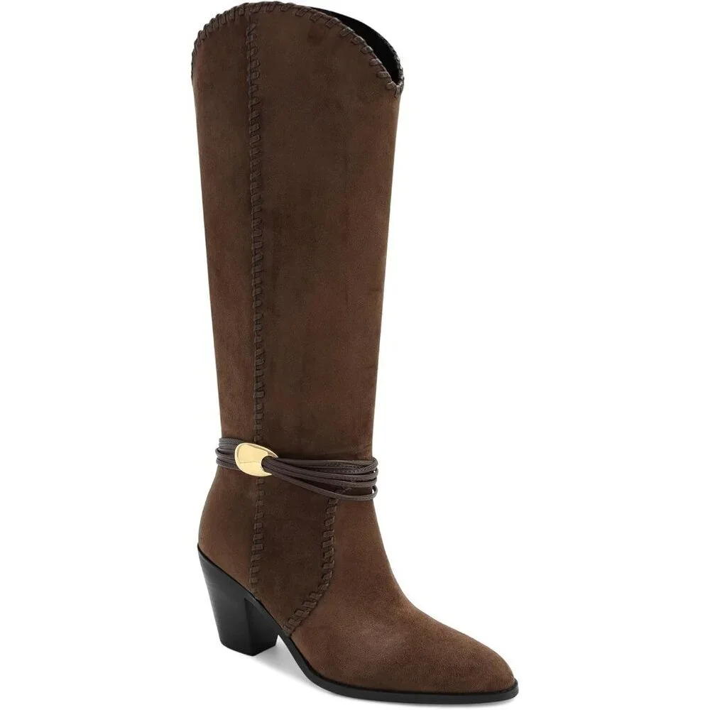 Women's Chocolate Suede Cowboy Pointed Toe Knee High Chunky Stylish Comfort Heel